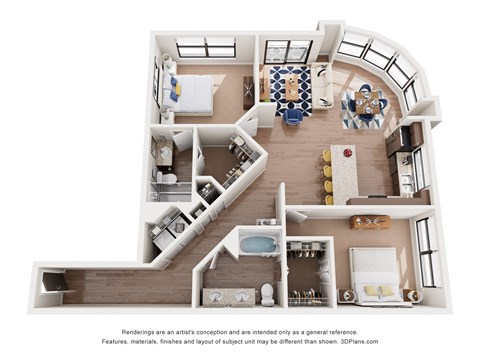 Floor plan for 2 beds, 2 baths, 1275 sqft